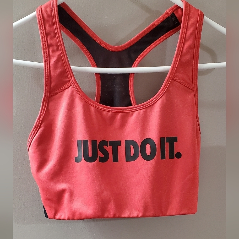 Nike Coral Sports Bra with Black Text. Sz L